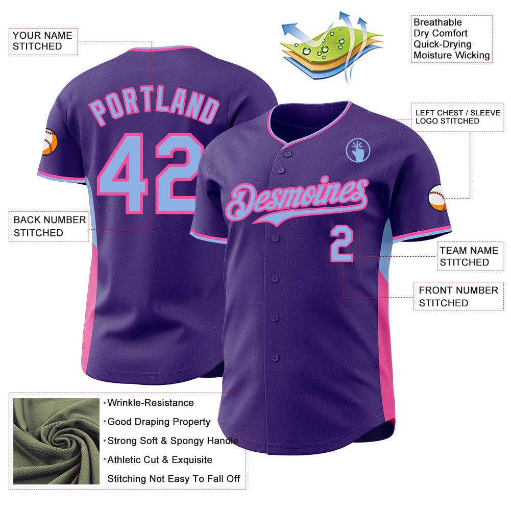 Custom Purple Light Blue-Pink Classic Color Block Side Panel Stripe Authentic Baseball Jersey