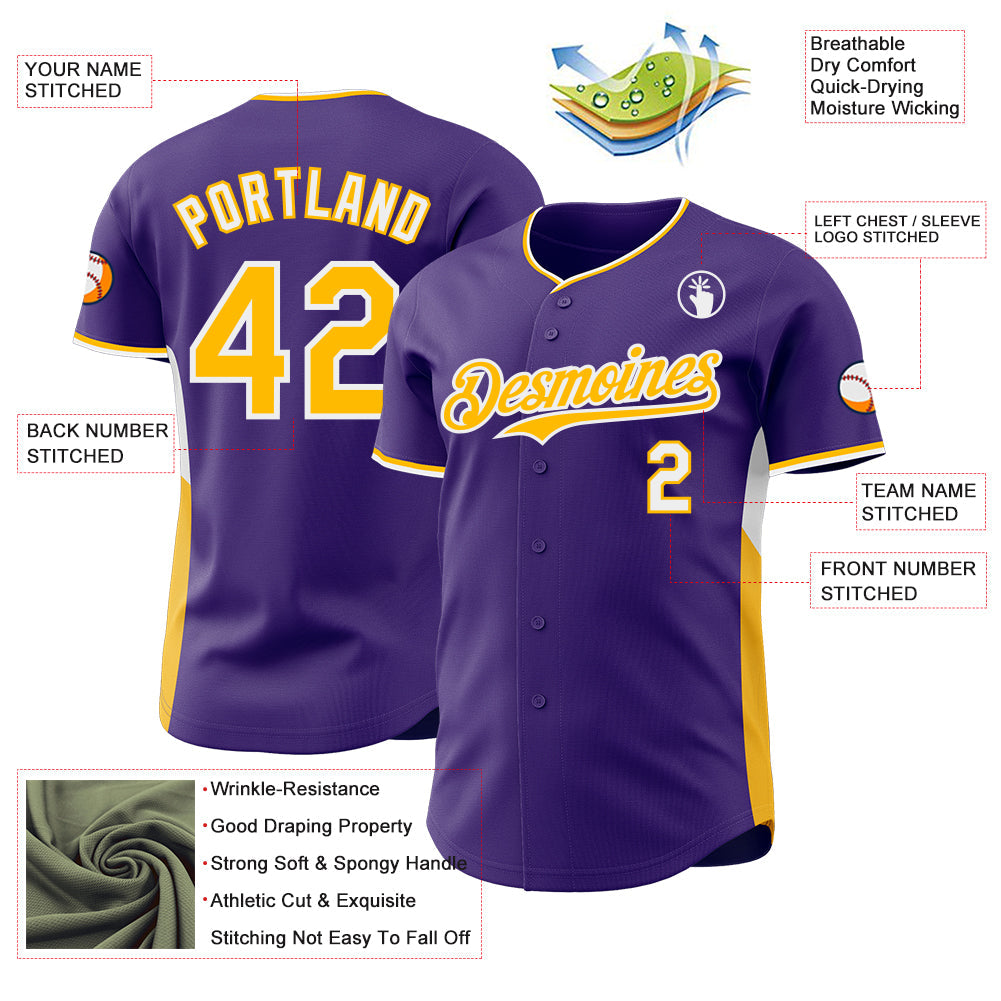 Custom Purple Gold-White Classic Color Block Side Panel Stripe Authentic Baseball Jersey