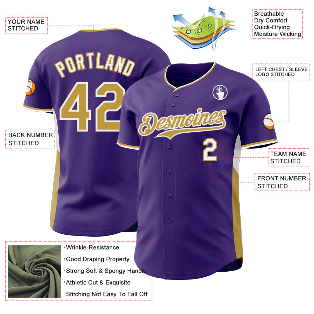 Custom Purple Old Gold-White Classic Color Block Side Panel Stripe Authentic Baseball Jersey