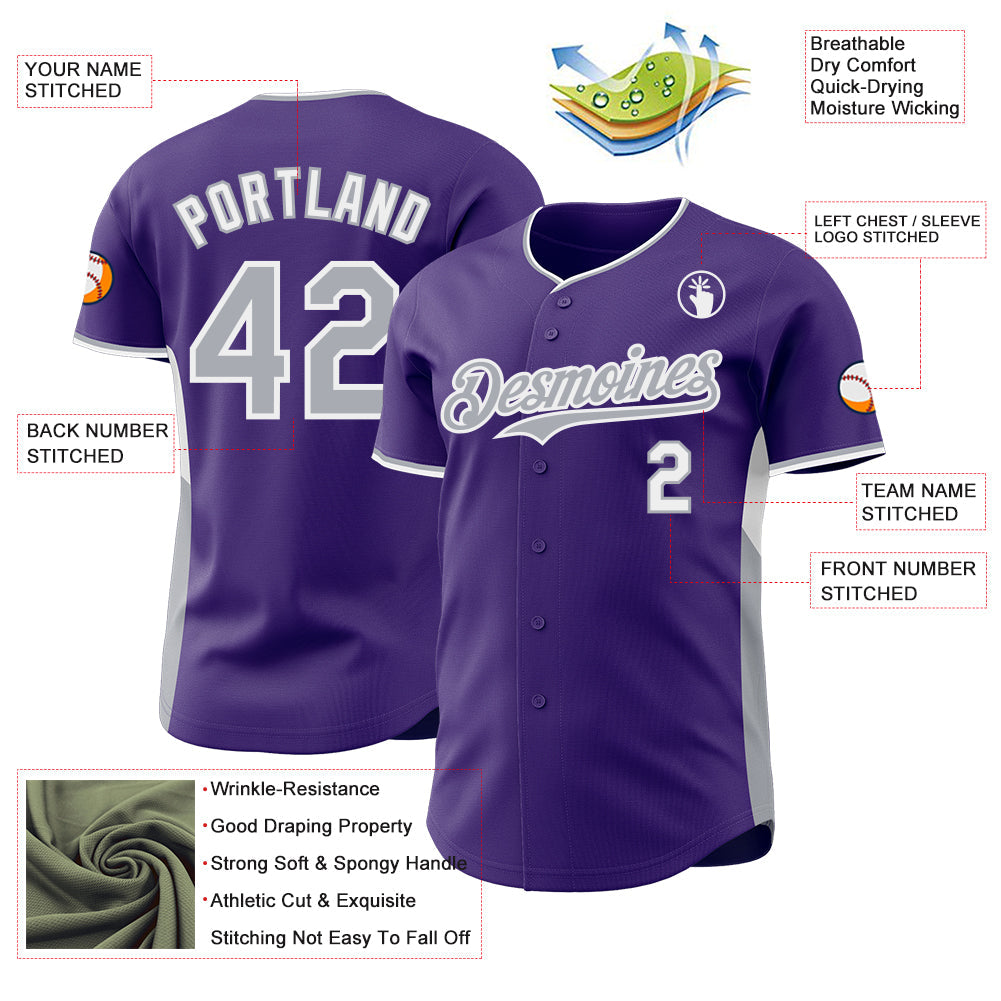 Custom Purple Gray-White Classic Color Block Side Panel Stripe Authentic Baseball Jersey