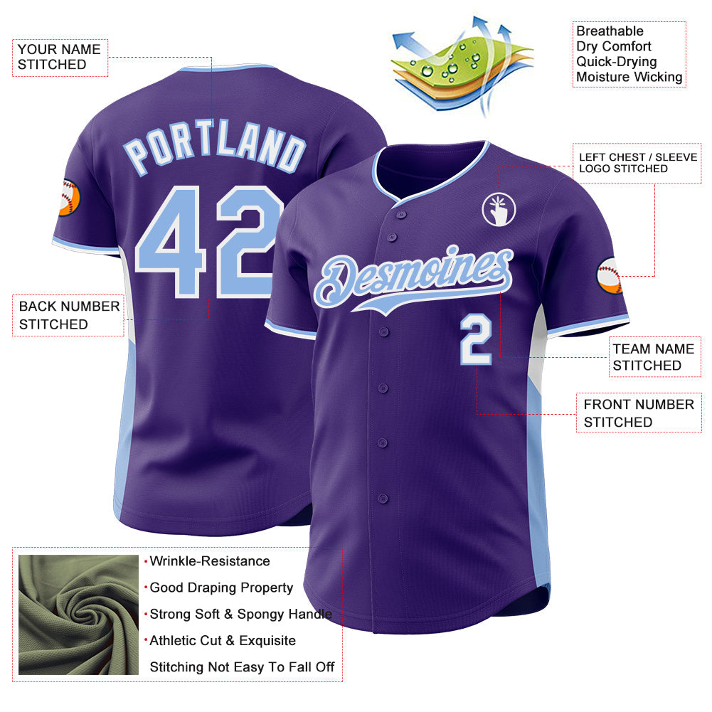 Custom Purple Light Blue-White Classic Color Block Side Panel Stripe Authentic Baseball Jersey