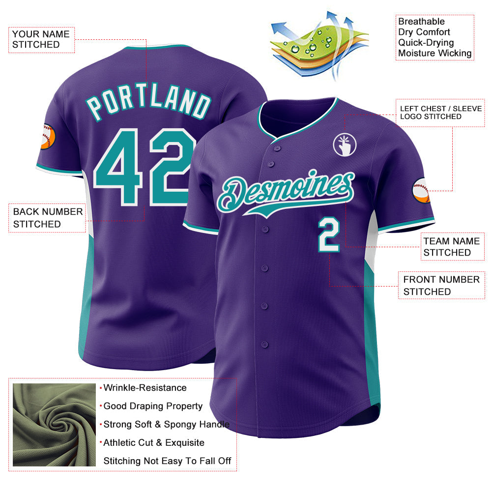 Custom Purple Teal-White Classic Color Block Side Panel Stripe Authentic Baseball Jersey