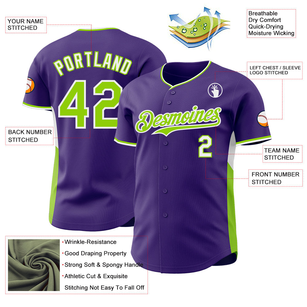 Custom Purple Neon Green-White Classic Color Block Side Panel Stripe Authentic Baseball Jersey