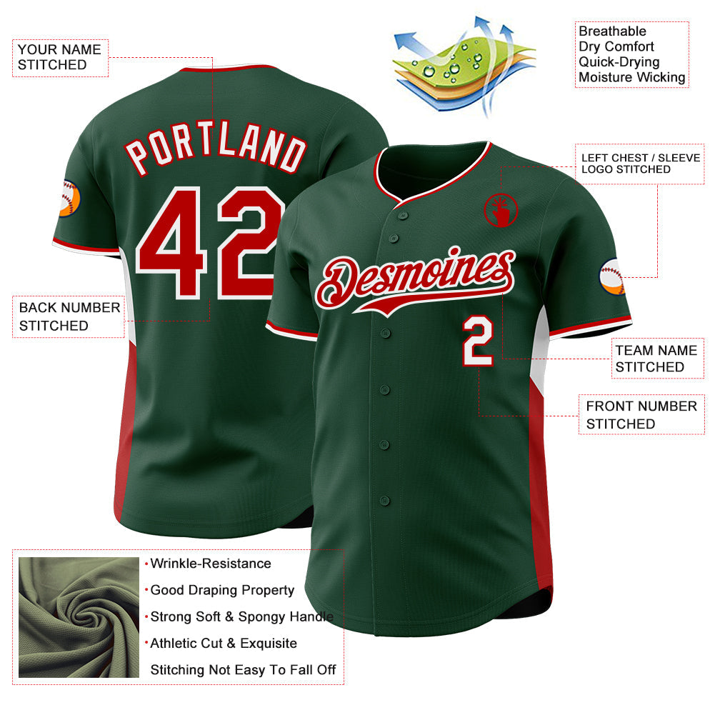 Custom Green Red-White Classic Color Block Side Panel Stripe Authentic Baseball Jersey