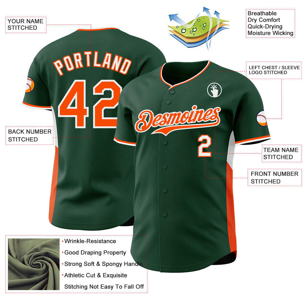 Custom Green Orange-White Classic Color Block Side Panel Stripe Authentic Baseball Jersey