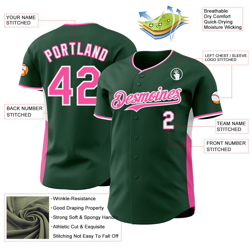 Custom Green Pink-White Classic Color Block Side Panel Stripe Authentic Baseball Jersey
