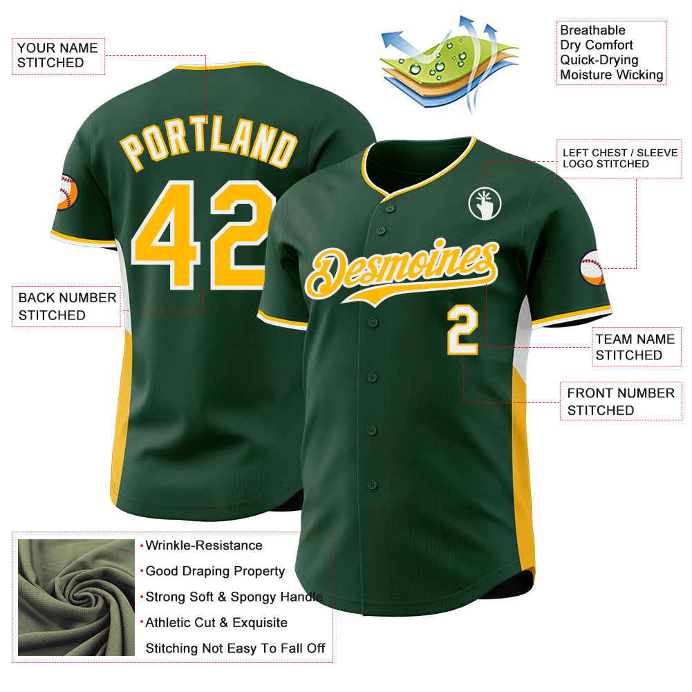 Custom Green Gold-White Classic Color Block Side Panel Stripe Authentic Baseball Jersey