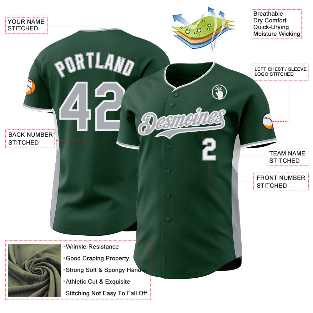 Custom Green Gray-White Classic Color Block Side Panel Stripe Authentic Baseball Jersey
