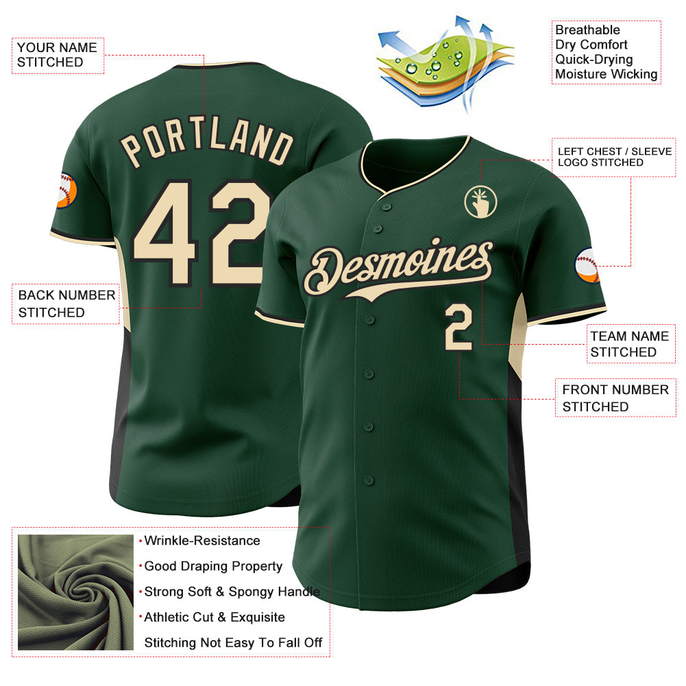 Custom Green Cream-Black Classic Color Block Side Panel Stripe Authentic Baseball Jersey