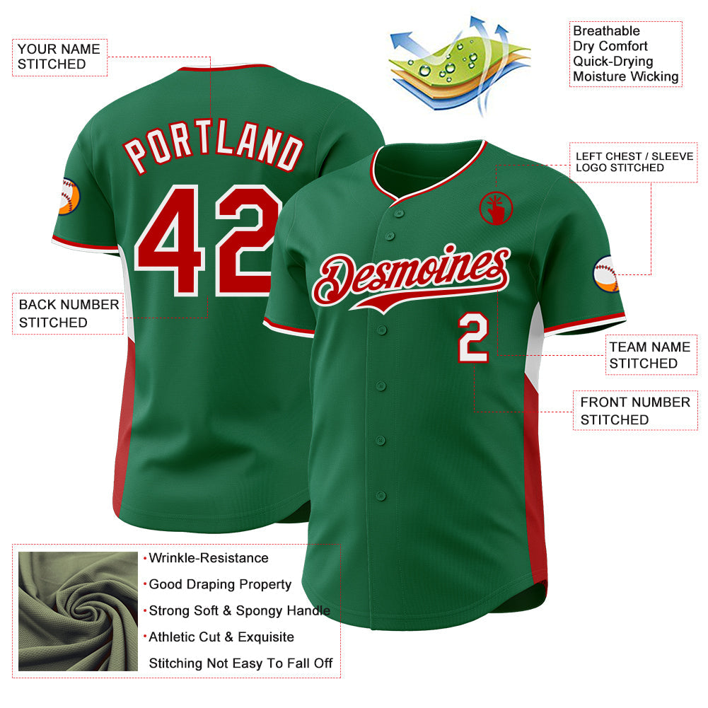 Custom Kelly Green Red-White Classic Color Block Side Panel Stripe Authentic Baseball Jersey