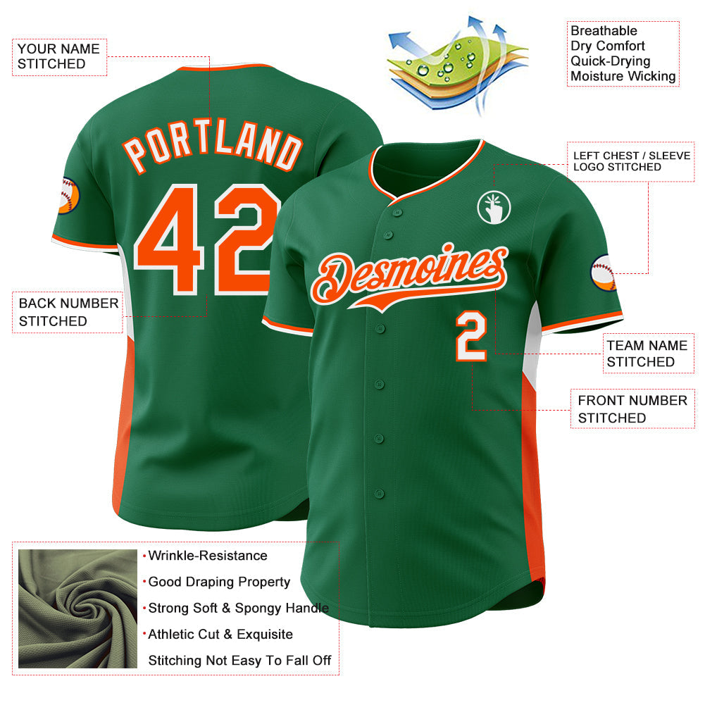 Custom Kelly Green Orange-White Classic Color Block Side Panel Stripe Authentic Baseball Jersey