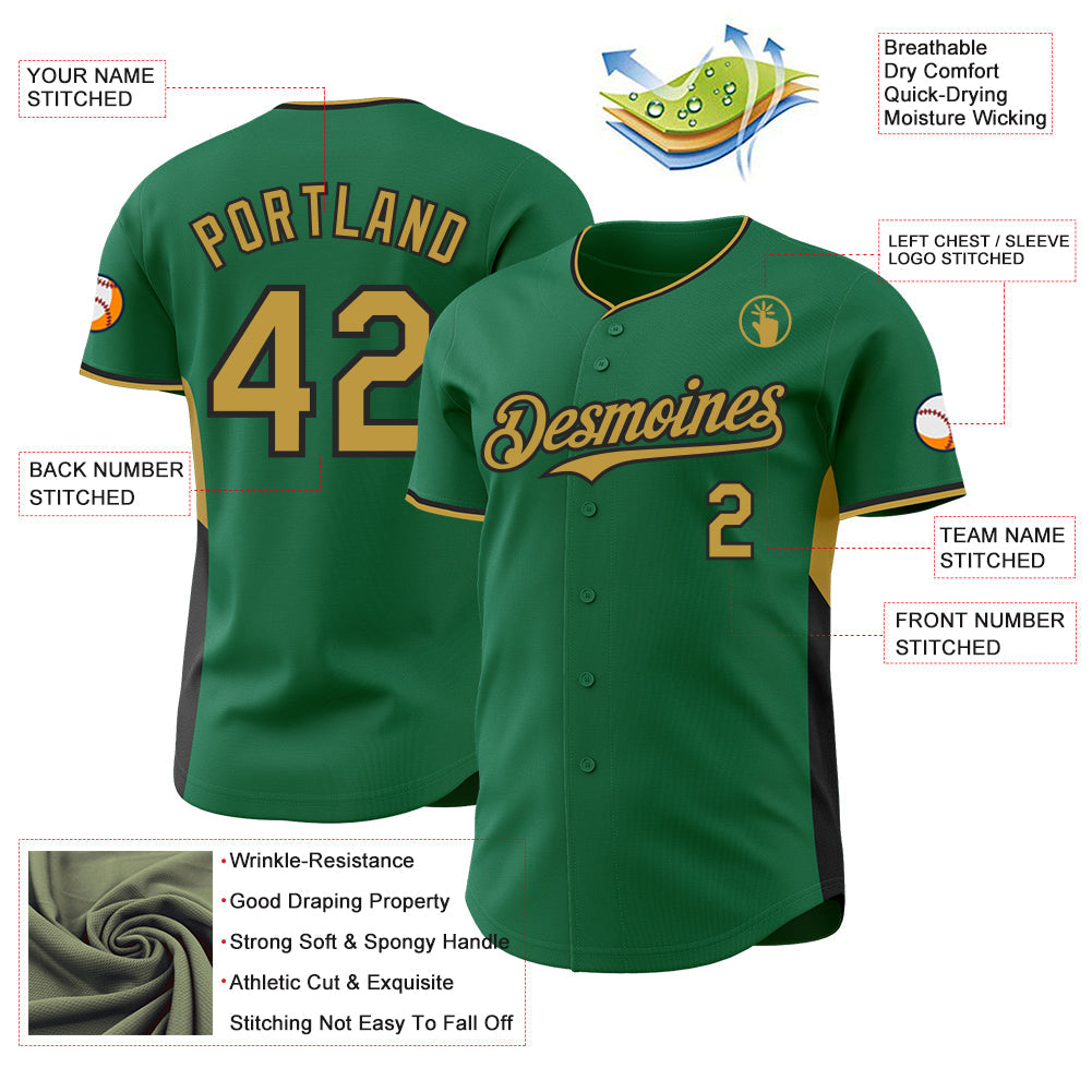 Custom Kelly Green Old Gold-Black Classic Color Block Side Panel Stripe Authentic Baseball Jersey