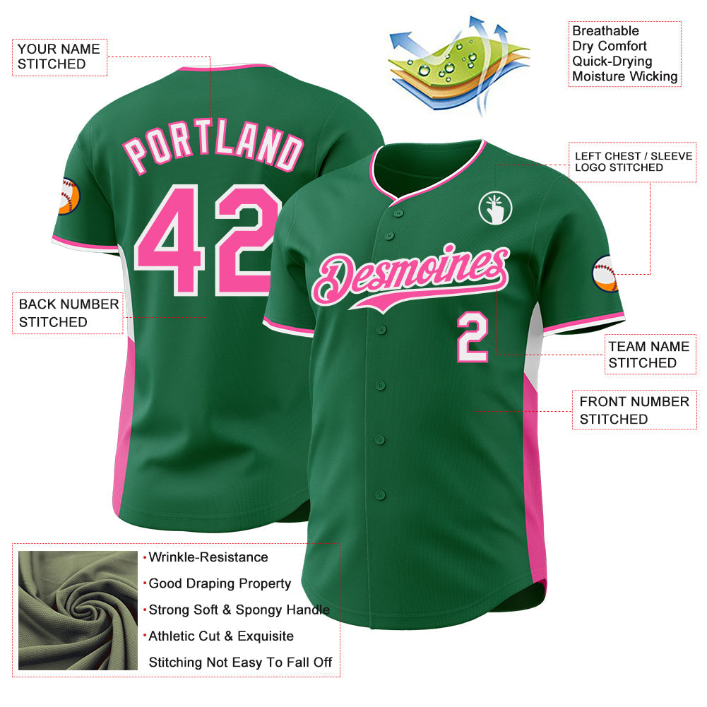 Custom Kelly Green Pink-White Classic Color Block Side Panel Stripe Authentic Baseball Jersey