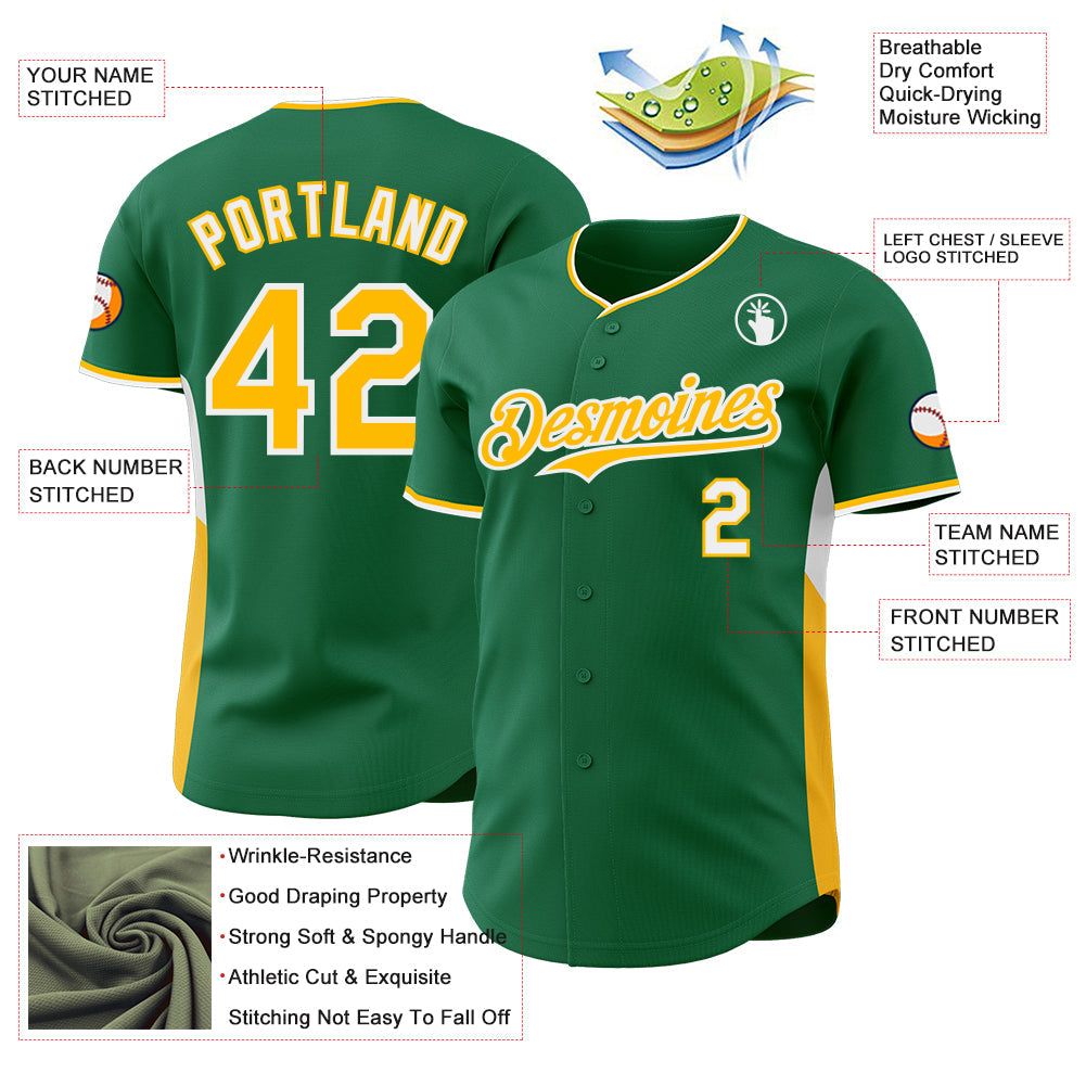 Custom Kelly Green Gold-White Classic Color Block Side Panel Stripe Authentic Baseball Jersey