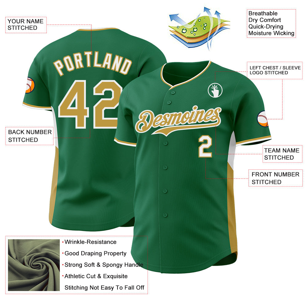 Custom Kelly Green Old Gold-White Classic Color Block Side Panel Stripe Authentic Baseball Jersey