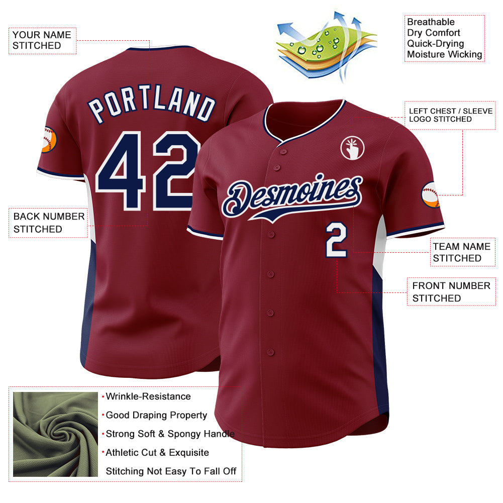 Custom Crimson Navy-White Classic Color Block Side Panel Stripe Authentic Baseball Jersey