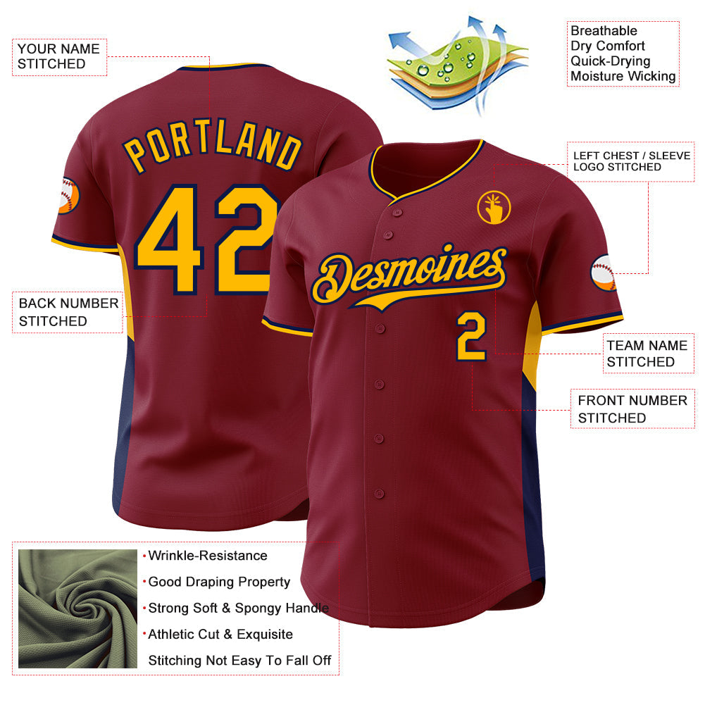 Custom Crimson Gold-Navy Classic Color Block Side Panel Stripe Authentic Baseball Jersey