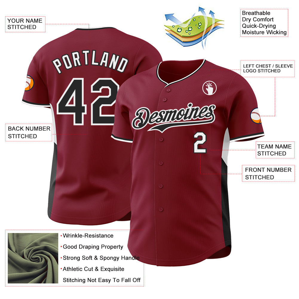 Custom Crimson Black-White Classic Color Block Side Panel Stripe Authentic Baseball Jersey
