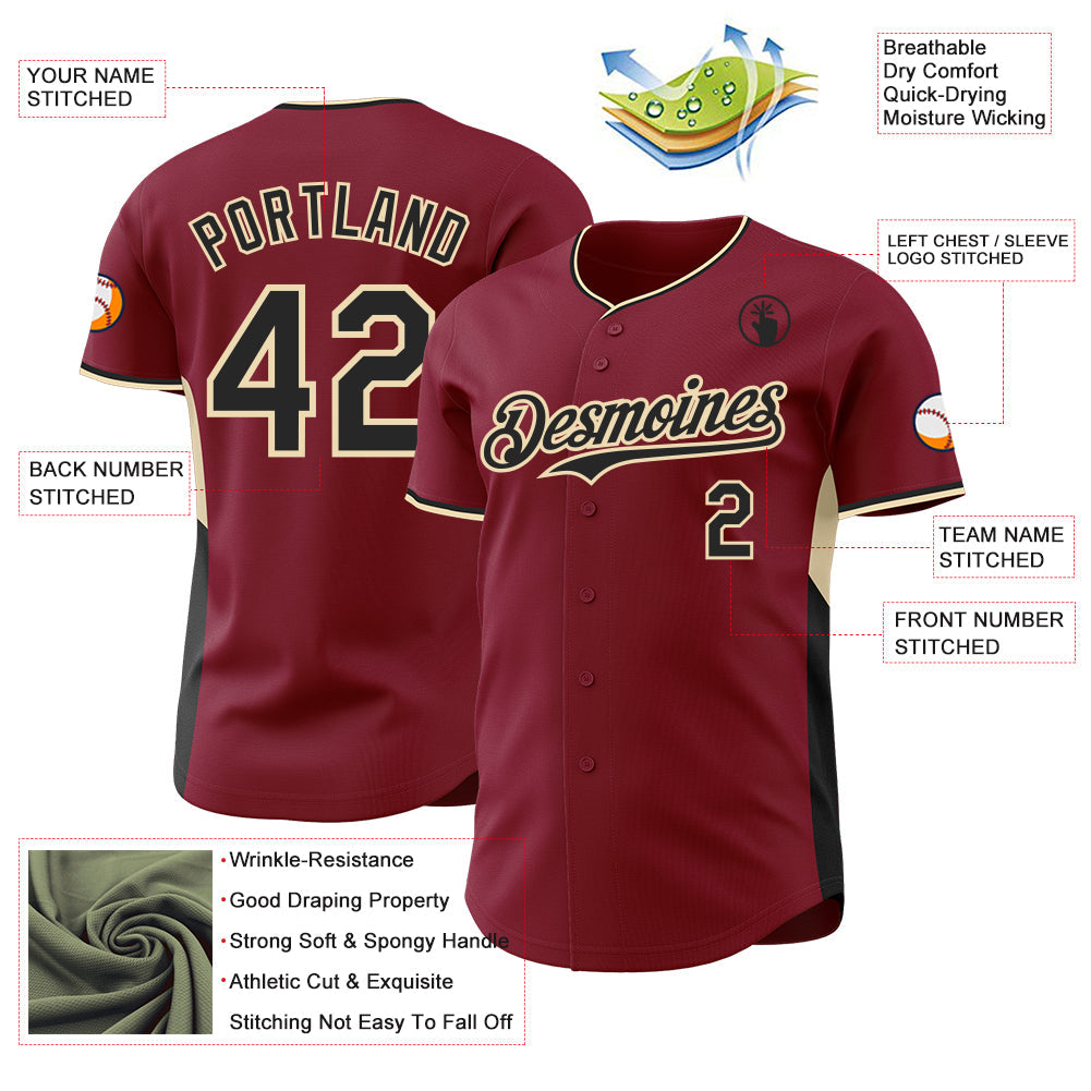 Custom Crimson Black-Cream Classic Color Block Side Panel Stripe Authentic Baseball Jersey