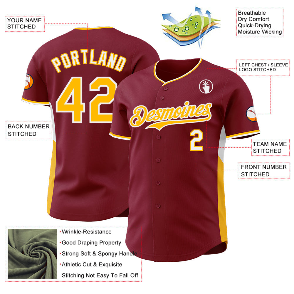 Custom Crimson Gold-White Classic Color Block Side Panel Stripe Authentic Baseball Jersey