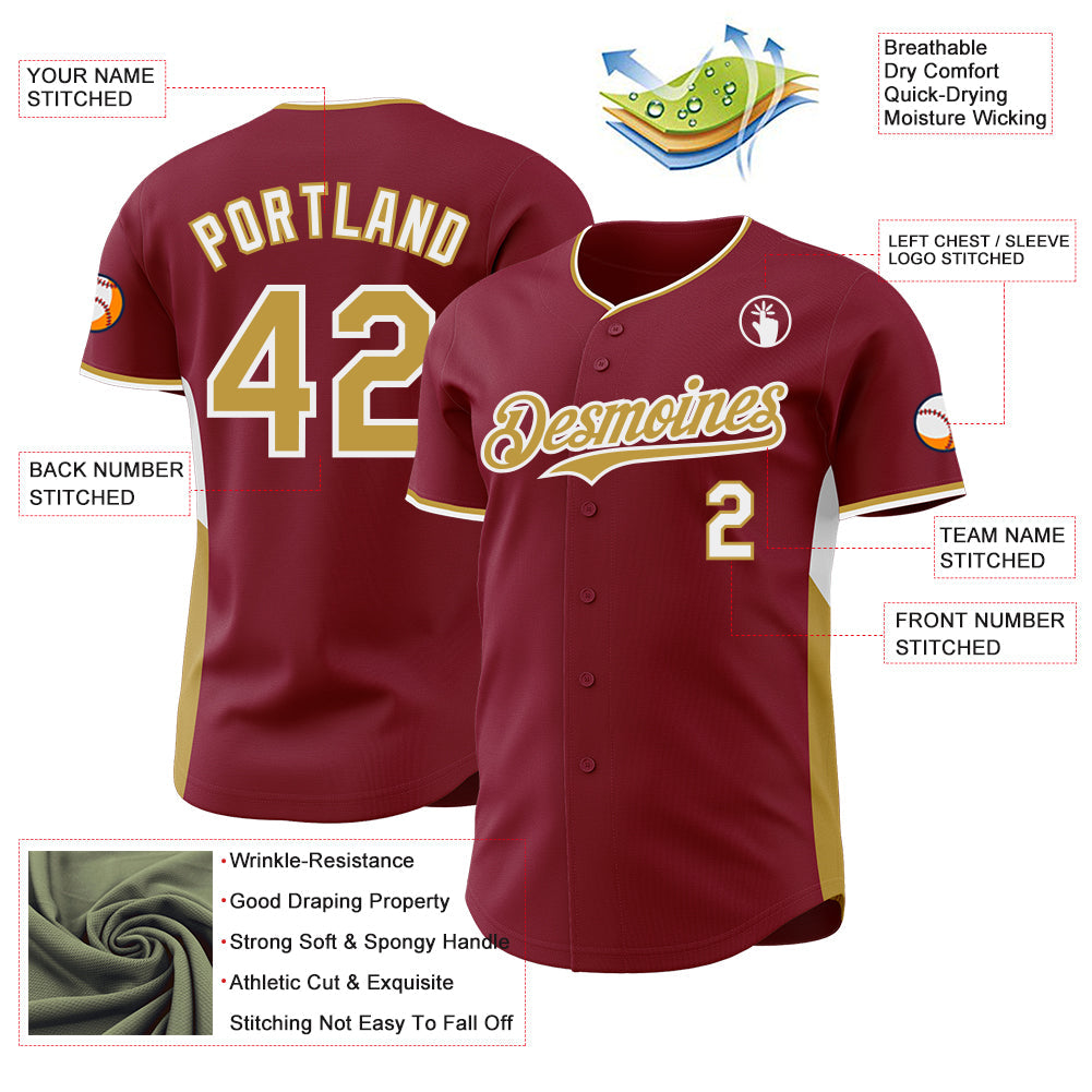 Custom Crimson Old Gold-White Classic Color Block Side Panel Stripe Authentic Baseball Jersey