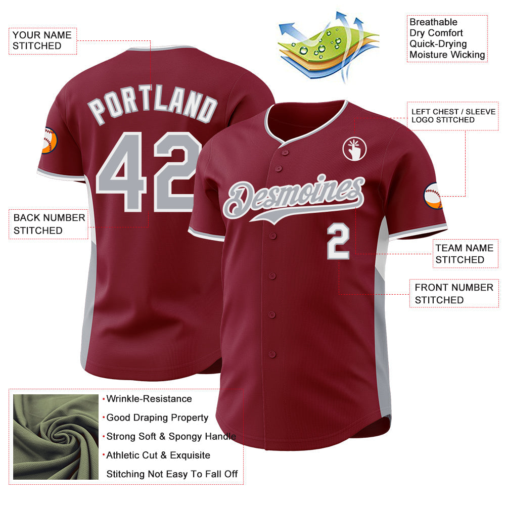 Custom Crimson Gray-White Classic Color Block Side Panel Stripe Authentic Baseball Jersey