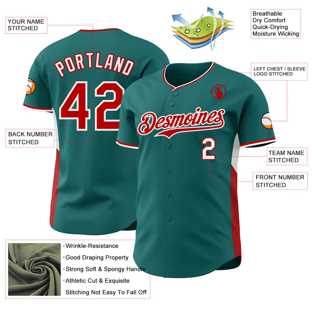 Custom Teal Red-White Classic Color Block Side Panel Stripe Authentic Baseball Jersey