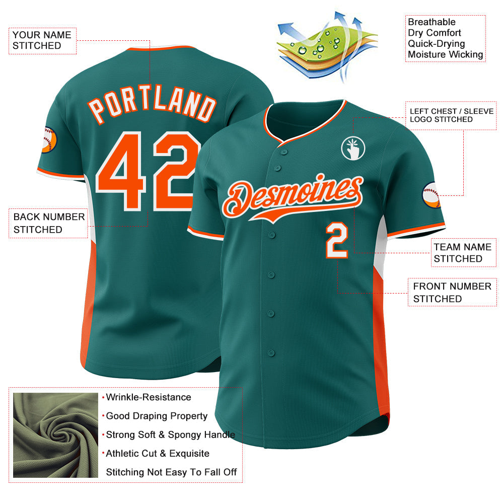 Custom Teal Orange-White Classic Color Block Side Panel Stripe Authentic Baseball Jersey