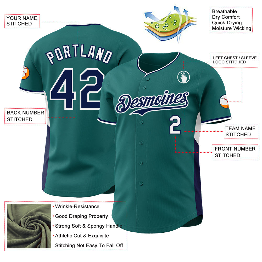 Custom Teal Navy-White Classic Color Block Side Panel Stripe Authentic Baseball Jersey