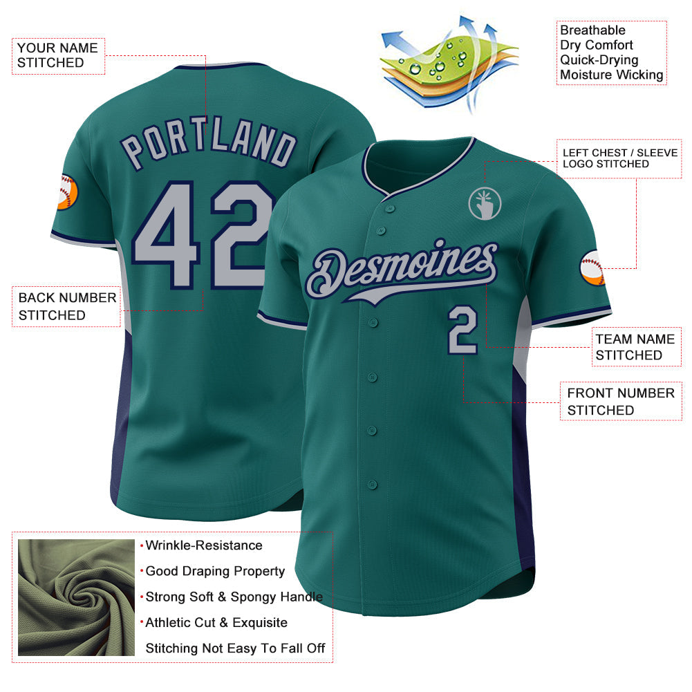 Custom Teal Gray-Navy Classic Color Block Side Panel Stripe Authentic Baseball Jersey