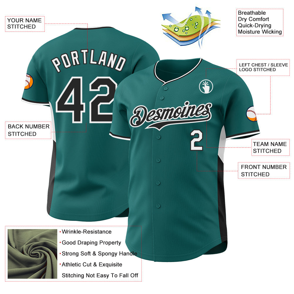 Custom Teal Black-White Classic Color Block Side Panel Stripe Authentic Baseball Jersey
