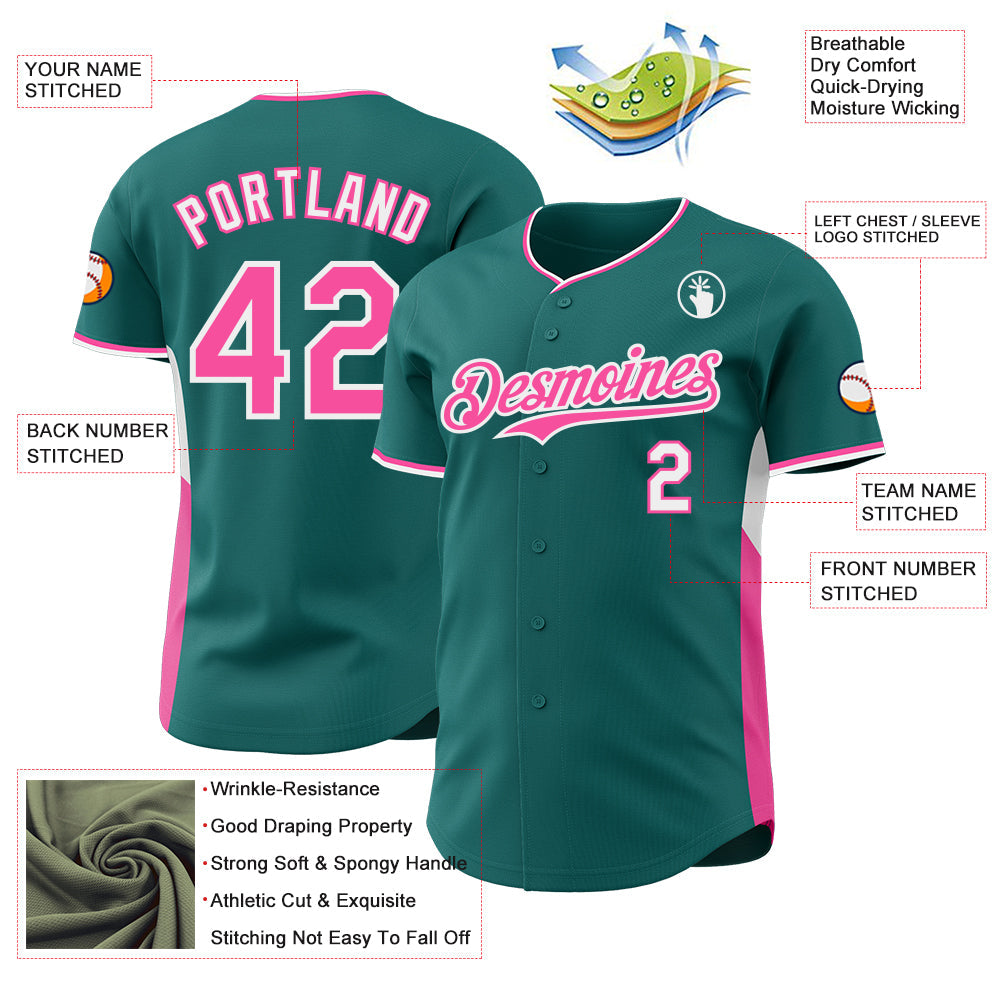 Custom Teal Pink-White Classic Color Block Side Panel Stripe Authentic Baseball Jersey