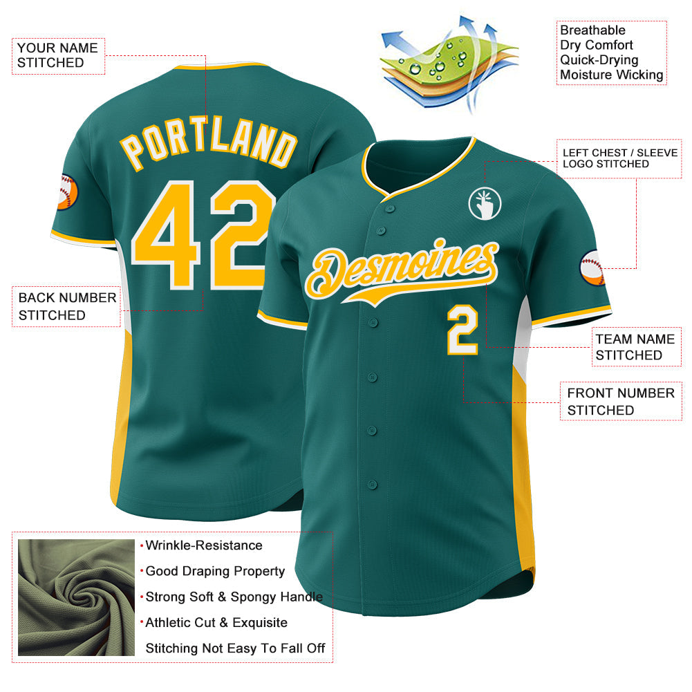 Custom Teal Gold-White Classic Color Block Side Panel Stripe Authentic Baseball Jersey