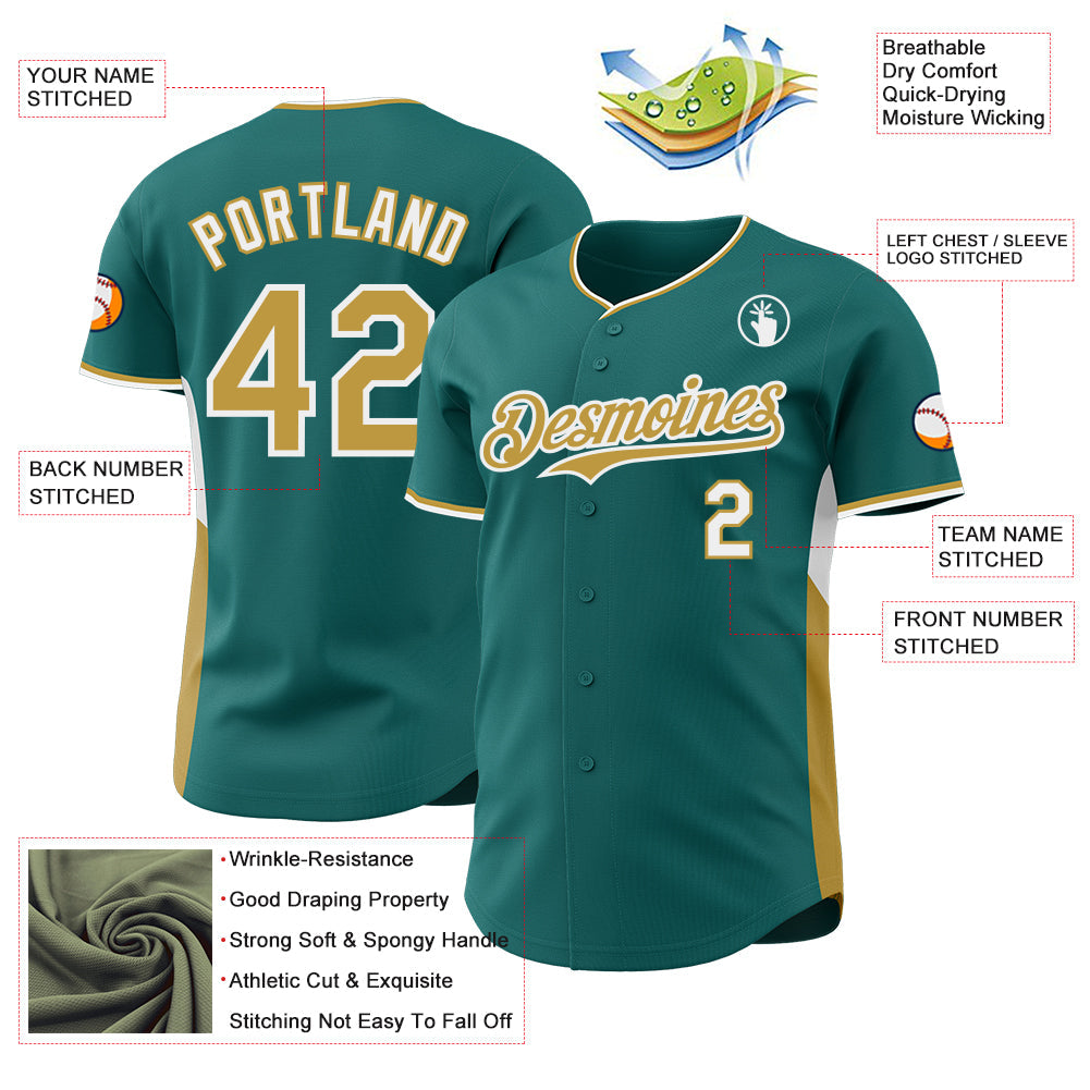 Custom Teal Old Gold-White Classic Color Block Side Panel Stripe Authentic Baseball Jersey