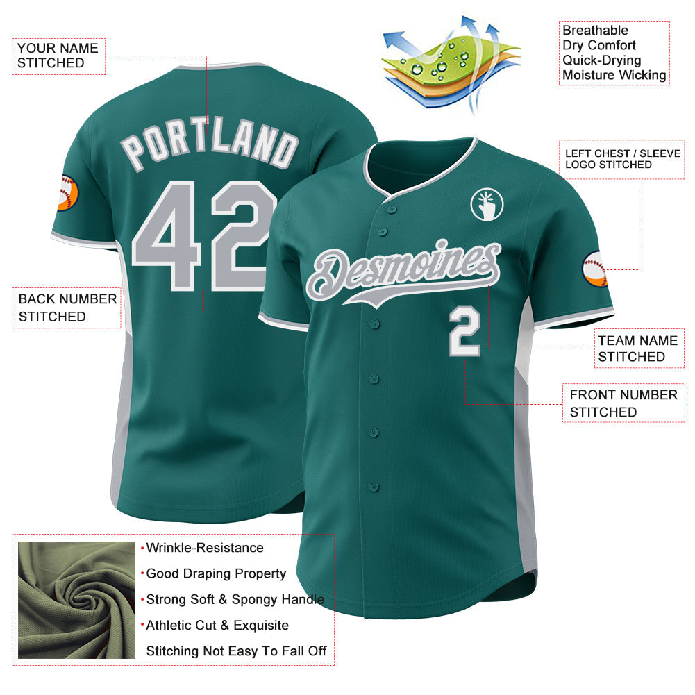 Custom Teal Gray-White Classic Color Block Side Panel Stripe Authentic Baseball Jersey