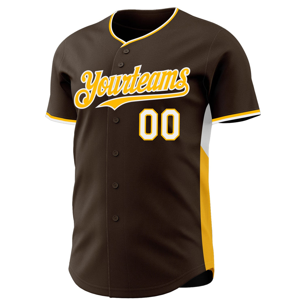 Custom Brown Gold-White Classic Color Block Side Panel Stripe Authentic Baseball Jersey