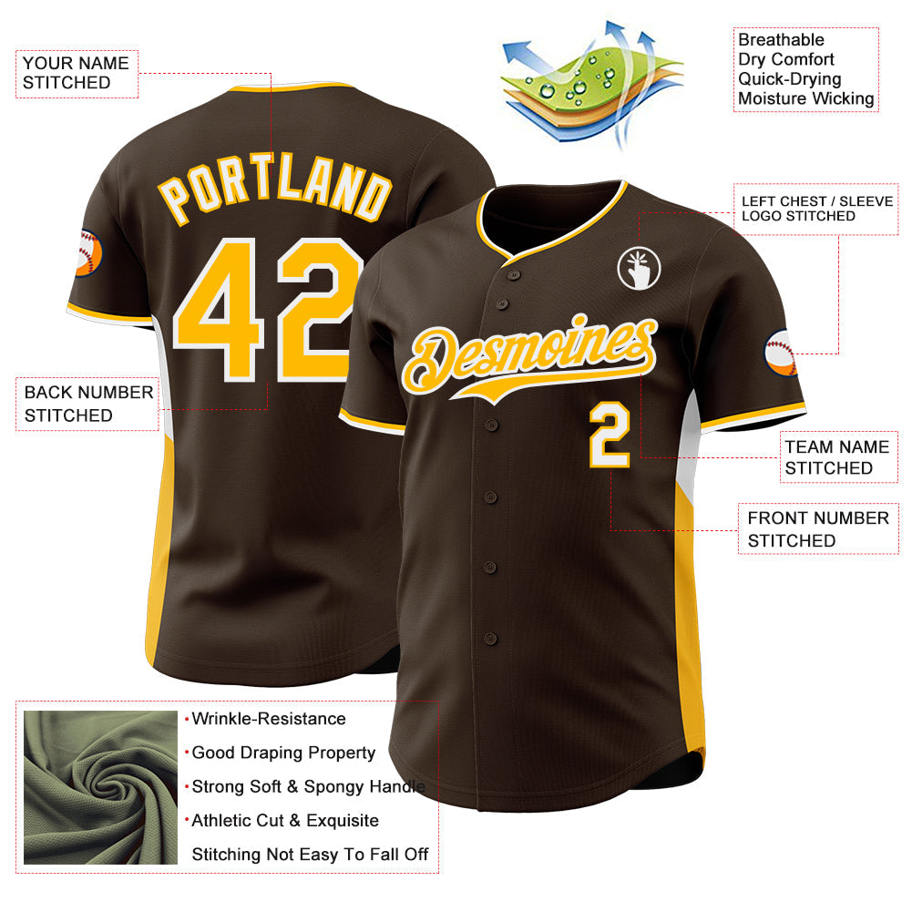 Custom Brown Gold-White Classic Color Block Side Panel Stripe Authentic Baseball Jersey