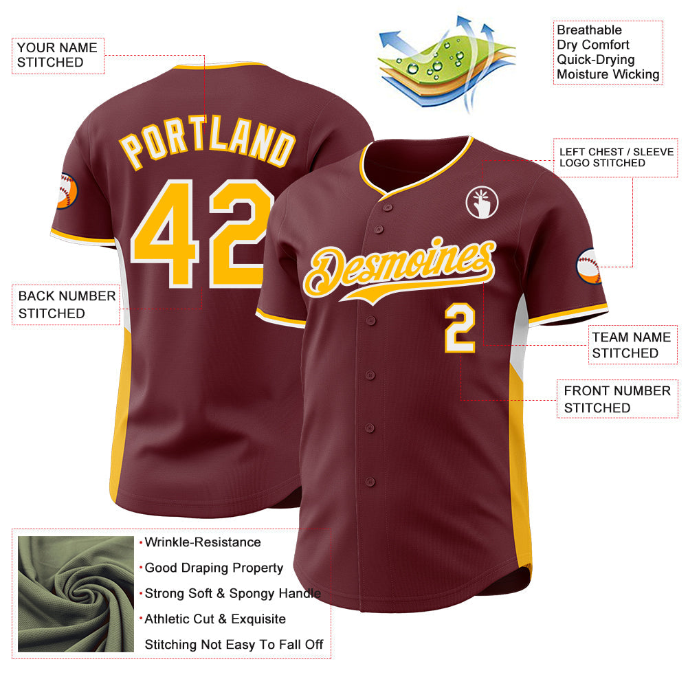 Custom Burgundy Gold-White Classic Color Block Side Panel Stripe Authentic Baseball Jersey