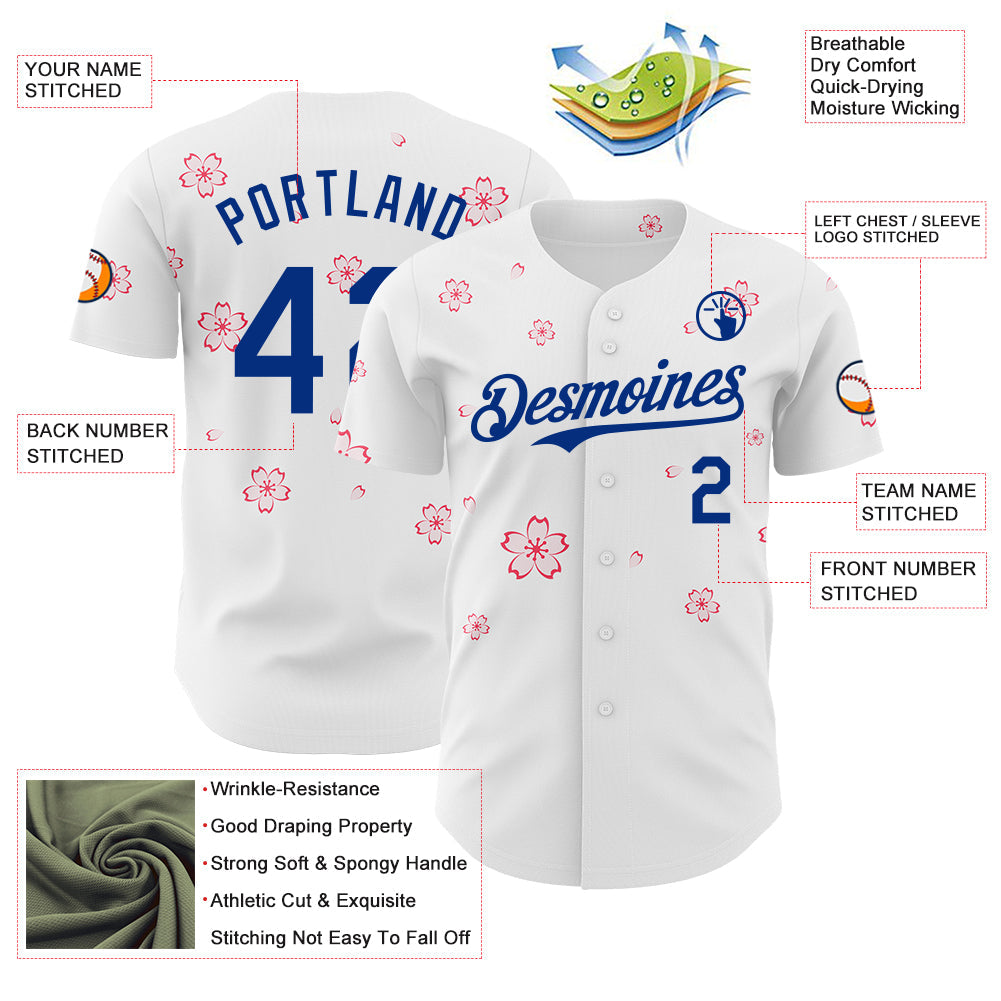 Custom White-Royal Cherry Blossoms Sakura Authentic Baseball Jersey