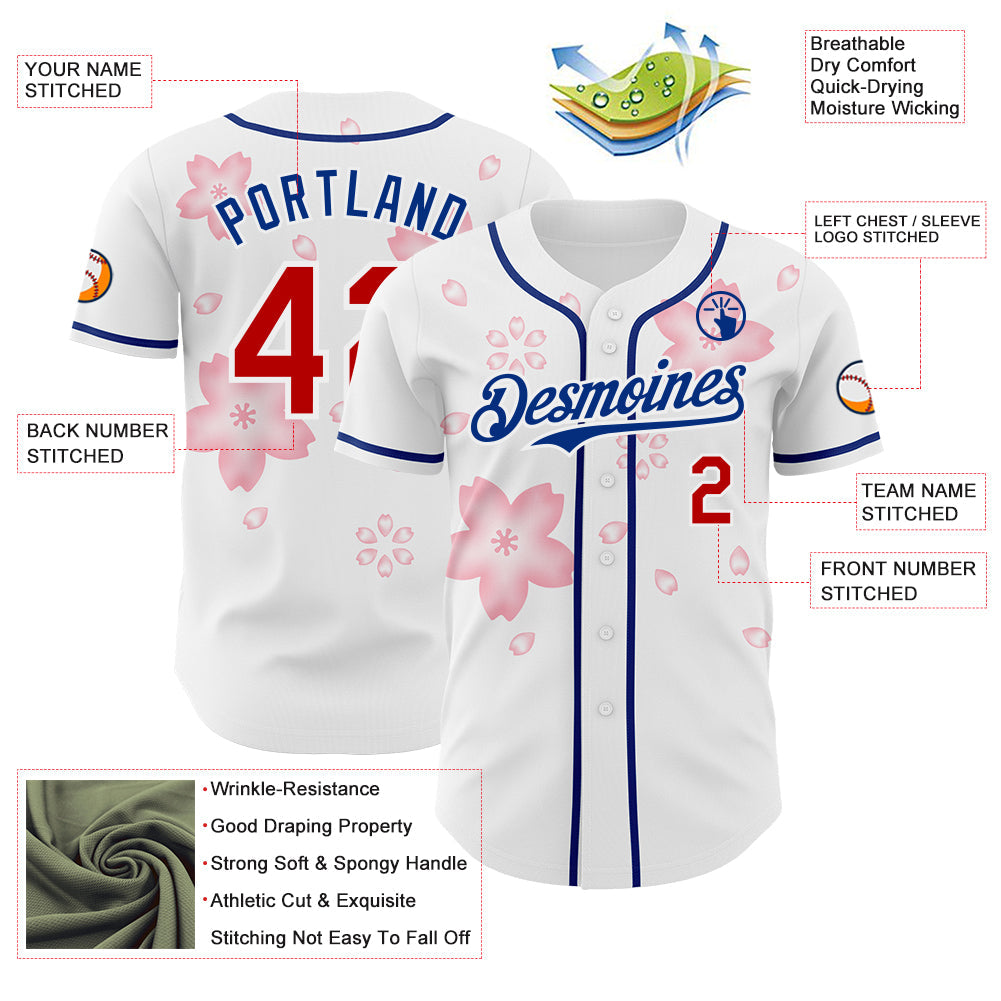 Custom White Red-Royal Cherry Blossoms Sakura Authentic Baseball Jersey
