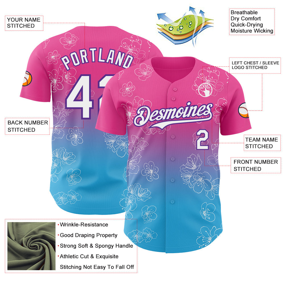 Custom Pink White Sky Blue-Purple Cherry Blossoms Sakura Gradient Authentic Baseball Jersey
