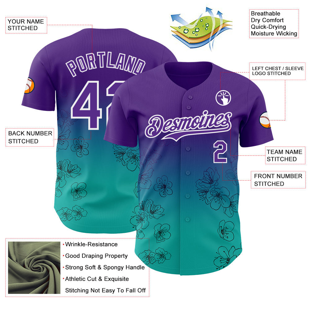 Custom Purple Aqua-White Cherry Blossoms Sakura Gradient Authentic Baseball Jersey