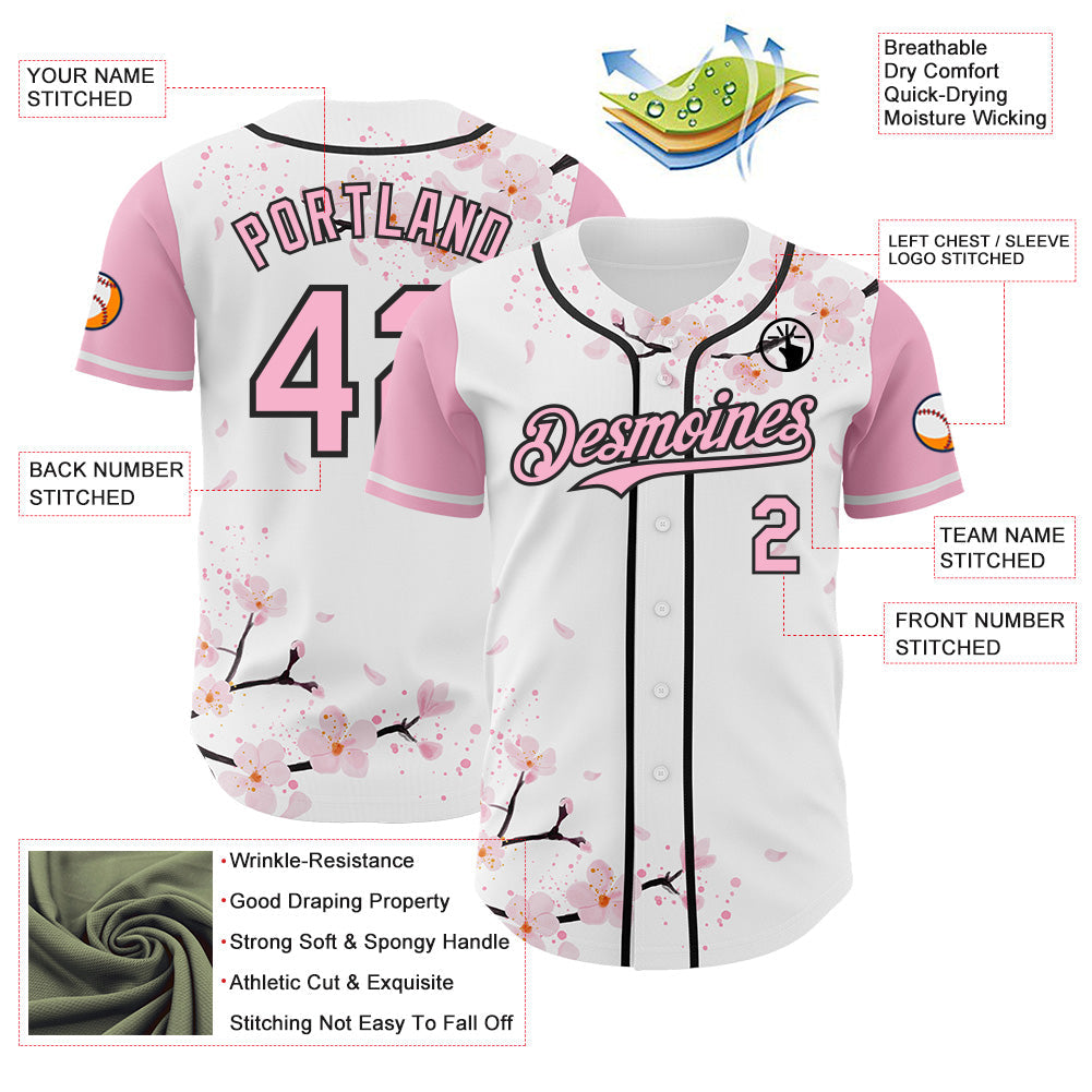 Custom White Light Pink-Black Cherry Blossoms Sakura Authentic Baseball Jersey