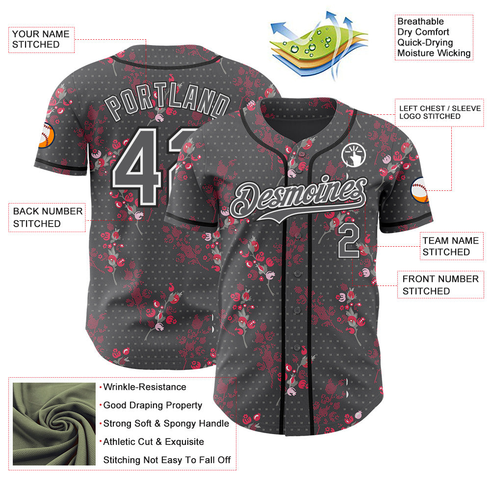 Custom Steel Gray White-Black Cherry Blossoms Sakura Authentic Baseball Jersey