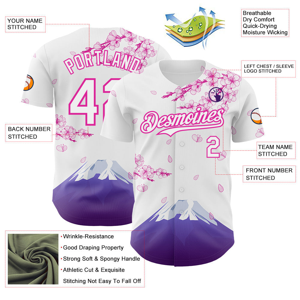 Custom White-Deep Pink Cherry Blossoms Sakura Mount Fuji Authentic Baseball Jersey