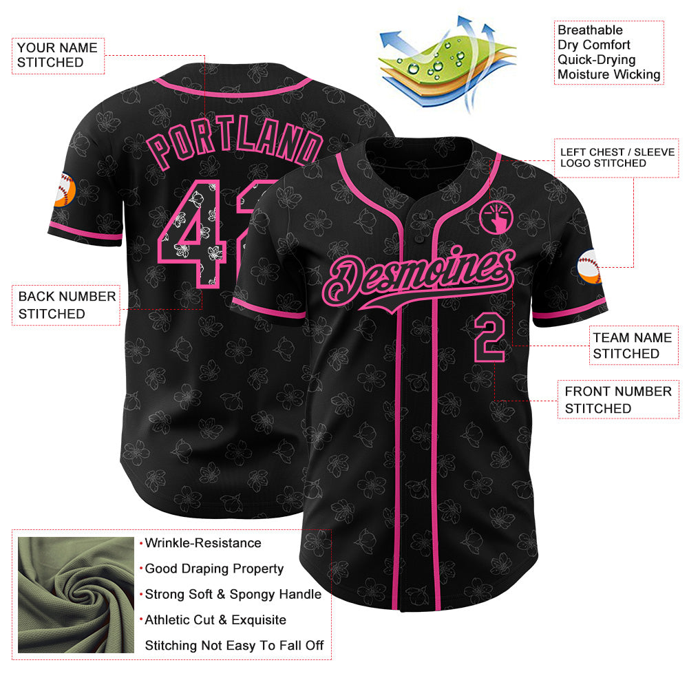 Custom Black-Pink Cherry Blossoms Sakura Authentic Baseball Jersey