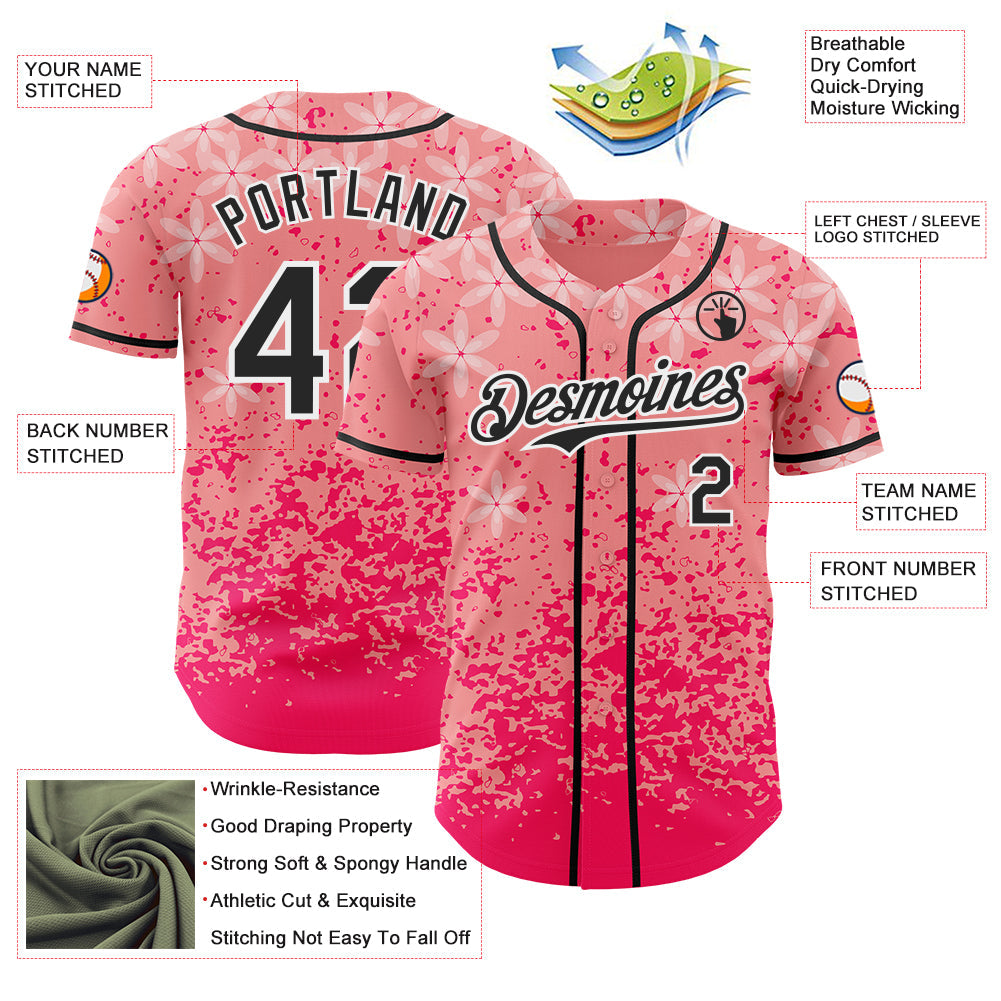 Custom Pink Black-White Cherry Blossoms Sakura Authentic Baseball Jersey