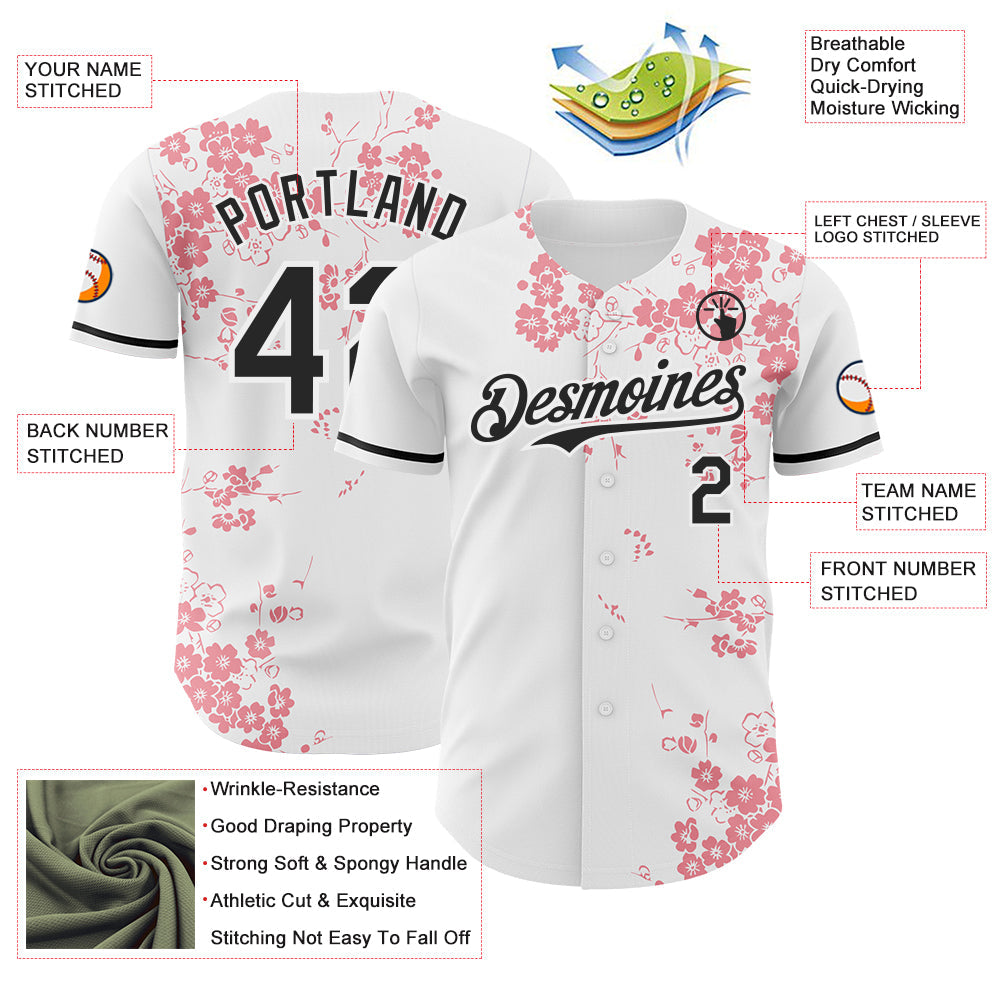Custom White-Black Cherry Blossoms Sakura Authentic Baseball Jersey
