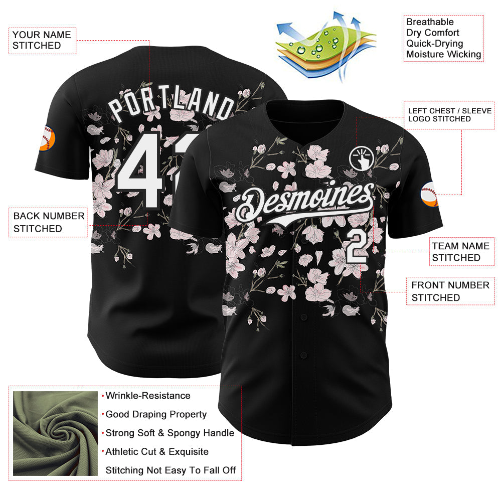 Custom Black-White Cherry Blossoms Sakura Authentic Baseball Jersey