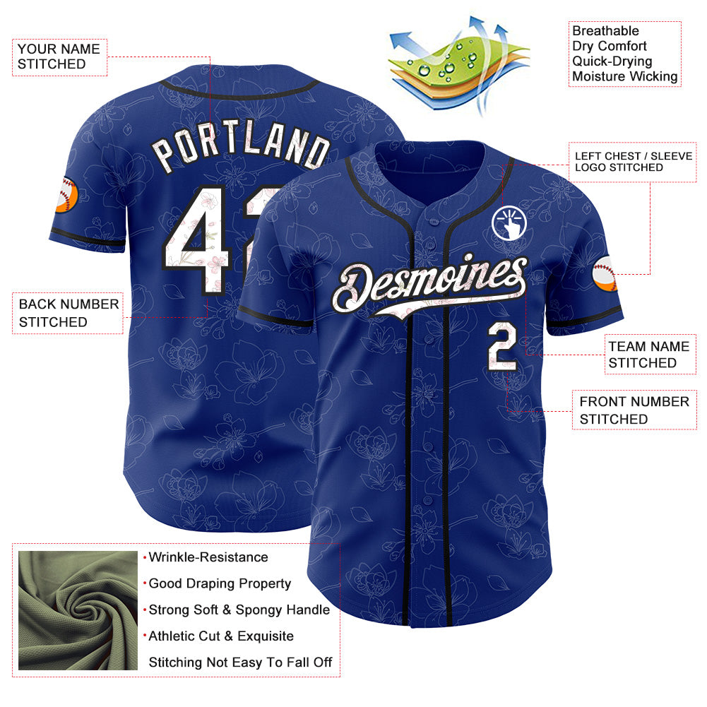 Custom Royal White-Black Cherry Blossoms Sakura Authentic Baseball Jersey
